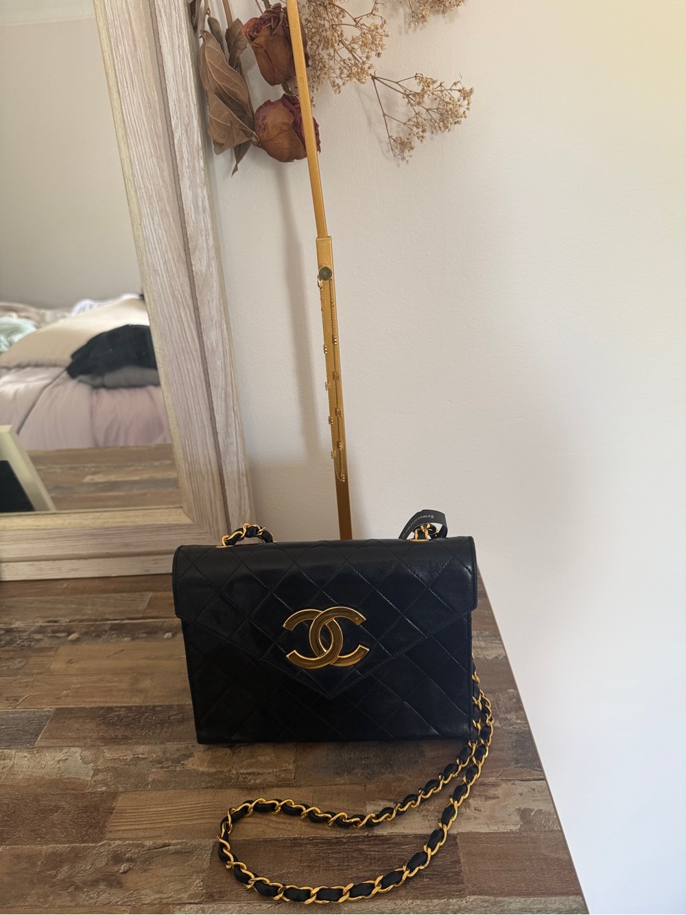 CHANEL Vintage Series 1 Black Lambskin Jumbo CC Logo Flap Shoulder Bag